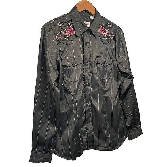 Roper Black Snap Button Embroidered Western Button Front Shirt Size Medium - Picture 2 of 6